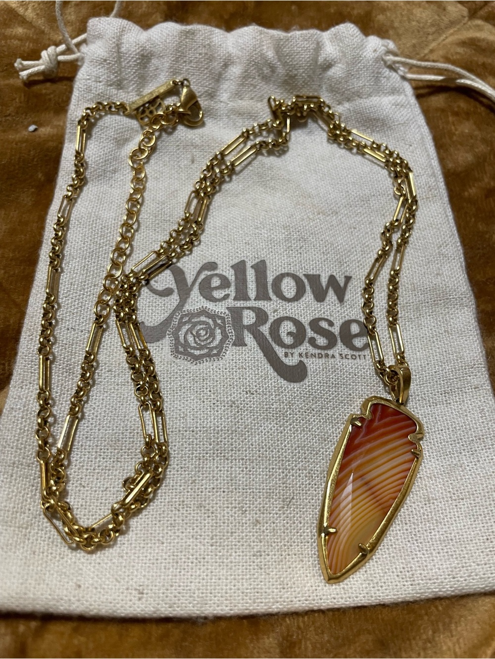 Yellow Rose by Kendra Scott Skylar Necklace Vintage Gold Orange Banded Agate